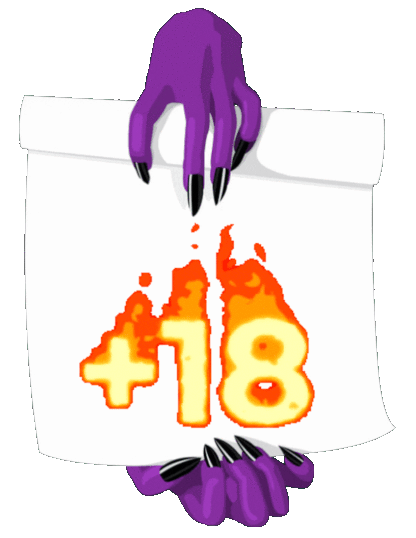 Purple demon hands holding a scroll with 18+ written on it with moving flames.