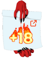 Red devil hands holding up a white scroll wth "18+" written in fire on the scroll.