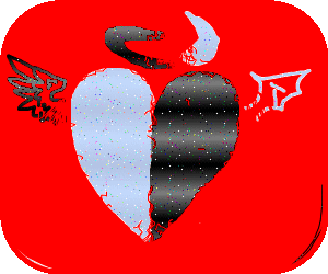 A heart: the left half depicts an angel with a halo and feathered wing; the right half depicts a devil with a horn and a bat-like wing.