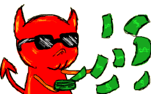 A drawing of a red demon with horns and a tail wearing black sunglasses, looking smug while throwing green cash to the right.