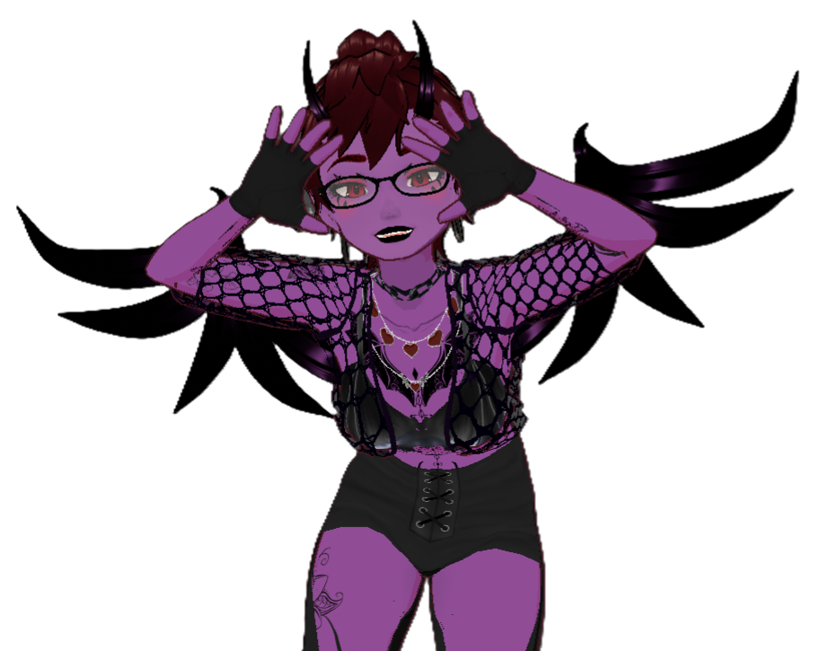 A vriod purple demon with tattoos, horns and wings wearing black alternative clothes.