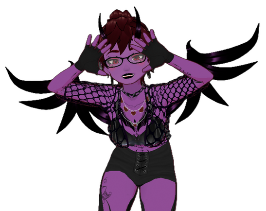 A vriod purple demon with tattoos, horns and wings wearing black alternative clothes.