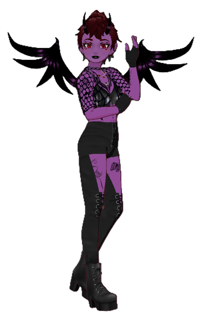 A vriod purple demon with tattoos, horns and wings wearing black alternative clothes.
